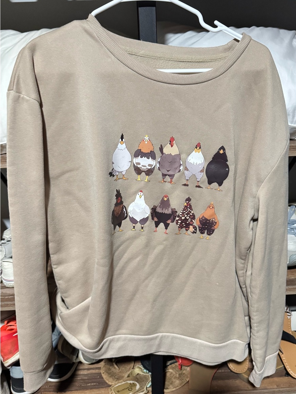SHEIN Beige Crewneck Sweater with Chicken Graphic